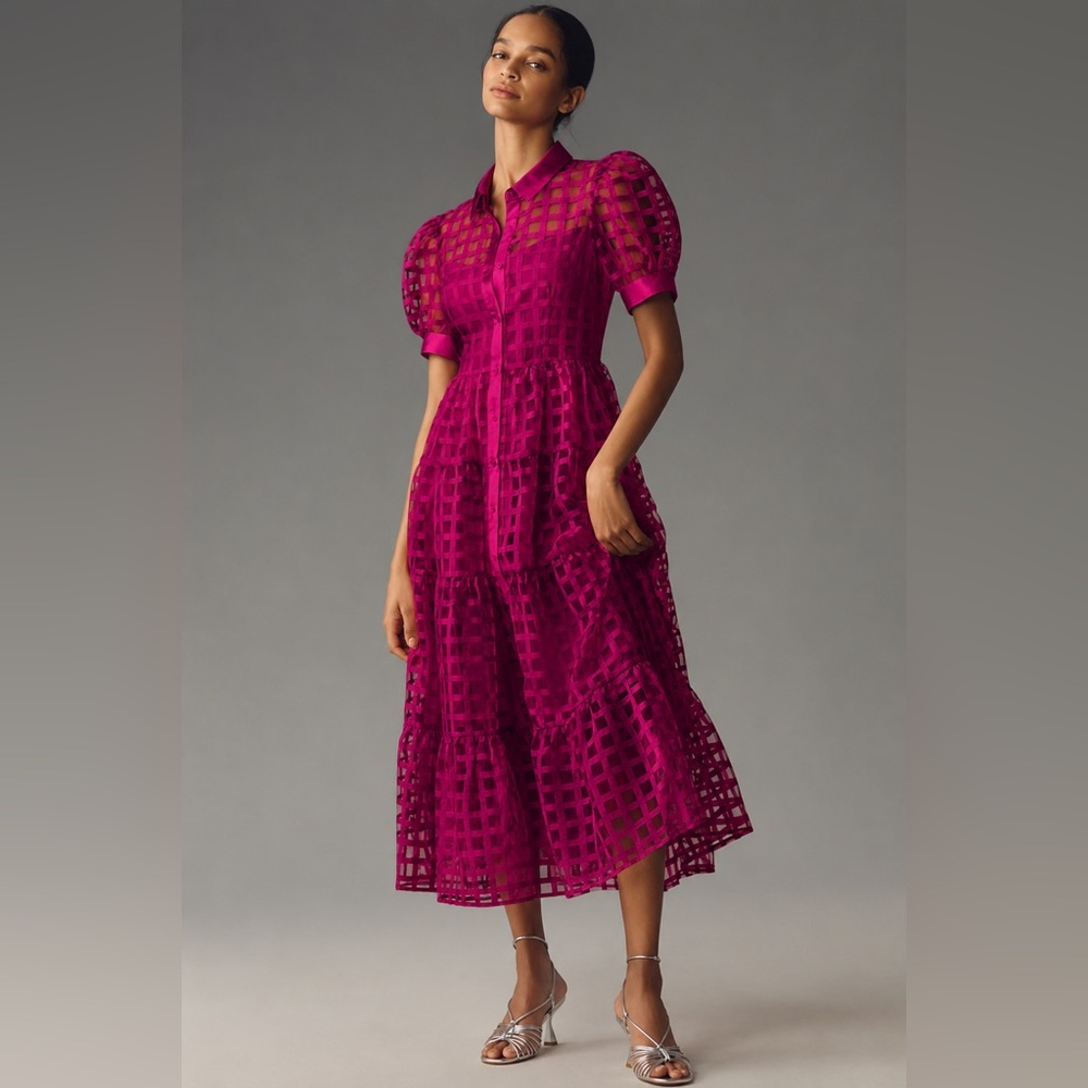 English factory Organza short sleeve button front midi dress